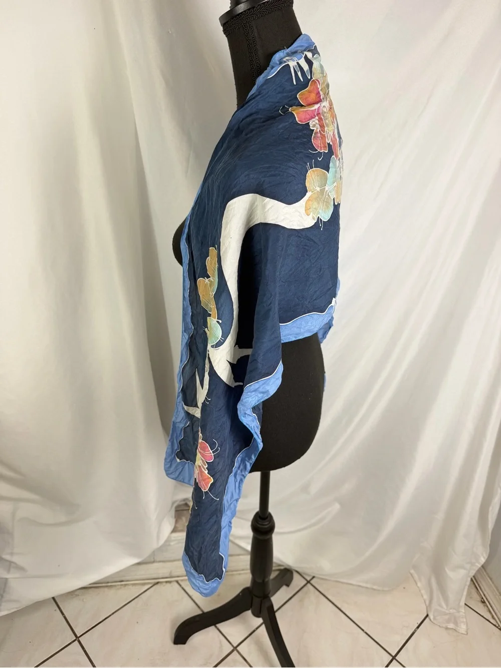 Vintage Floral Bird Print Oversized Scarf Blue Square Wrap Shawl Cottagecore